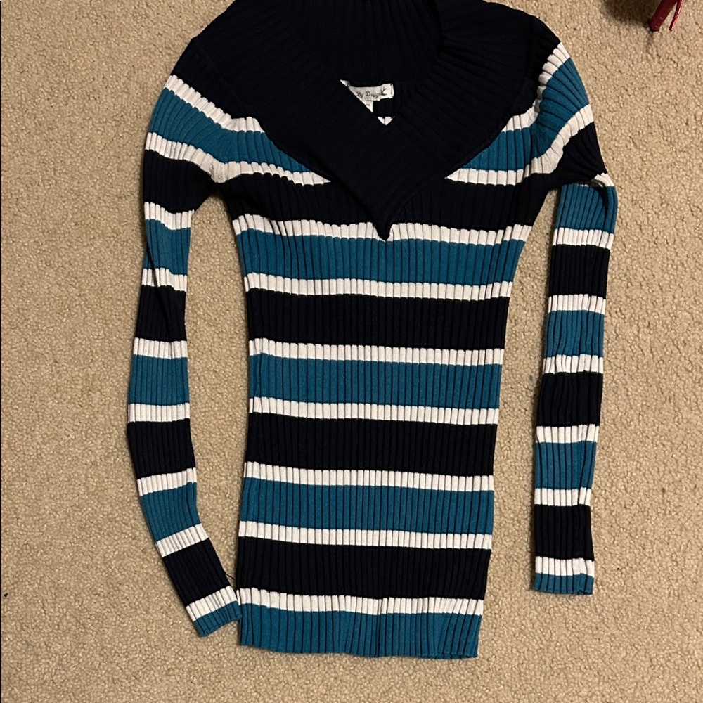 Striped V-Neck Sweater - Black, White, and Blue